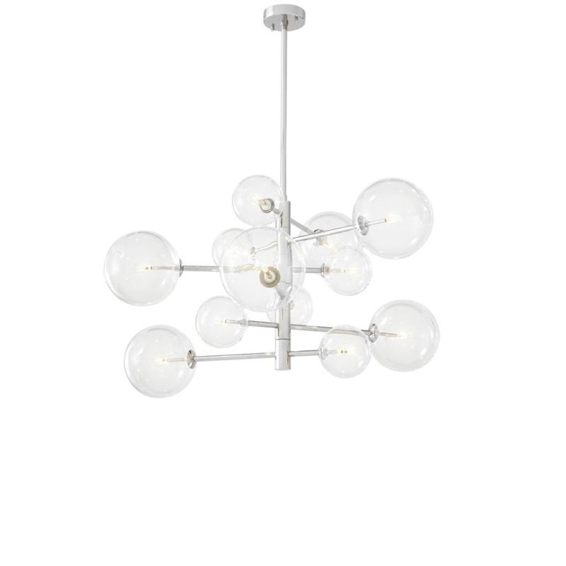 Small retro, asymmetrical design nickel chandelier with large bulb design