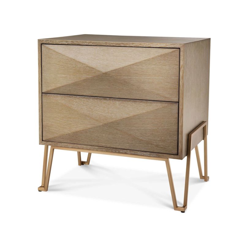 A stunning washed oak bedside table with brushed brass metal legs