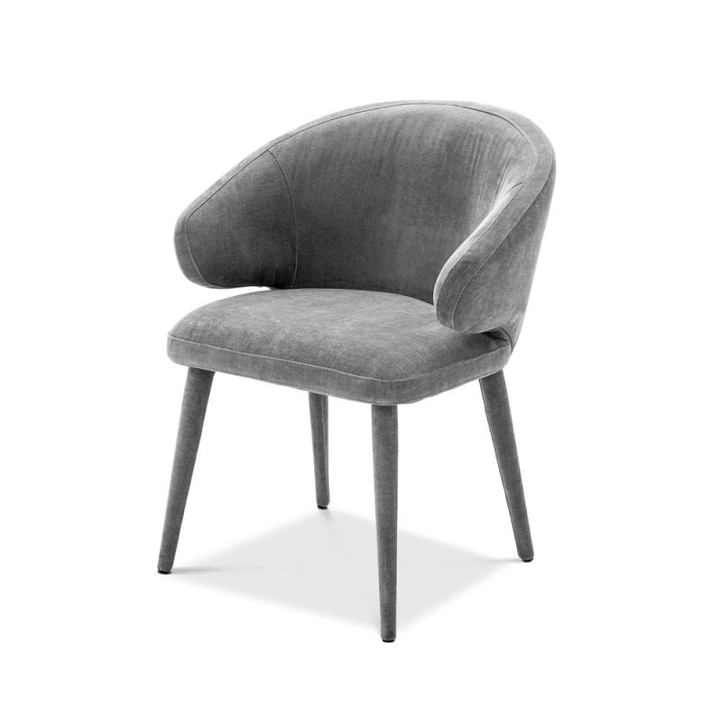 A sophisticated grey upholstered dining chair with tapered legs 