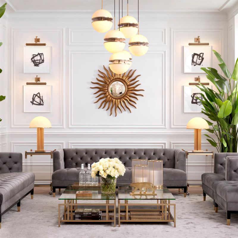 Antique brass and white glass single hanging light formed by two half spheres