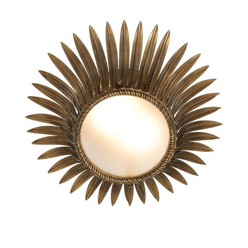 A statement ceiling lamp featuring a tropical sunflower design with a vintage brass finish and frosted glass shade