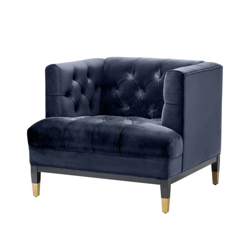 blue velvet armchair with deep-buttoning and black & brass legs 