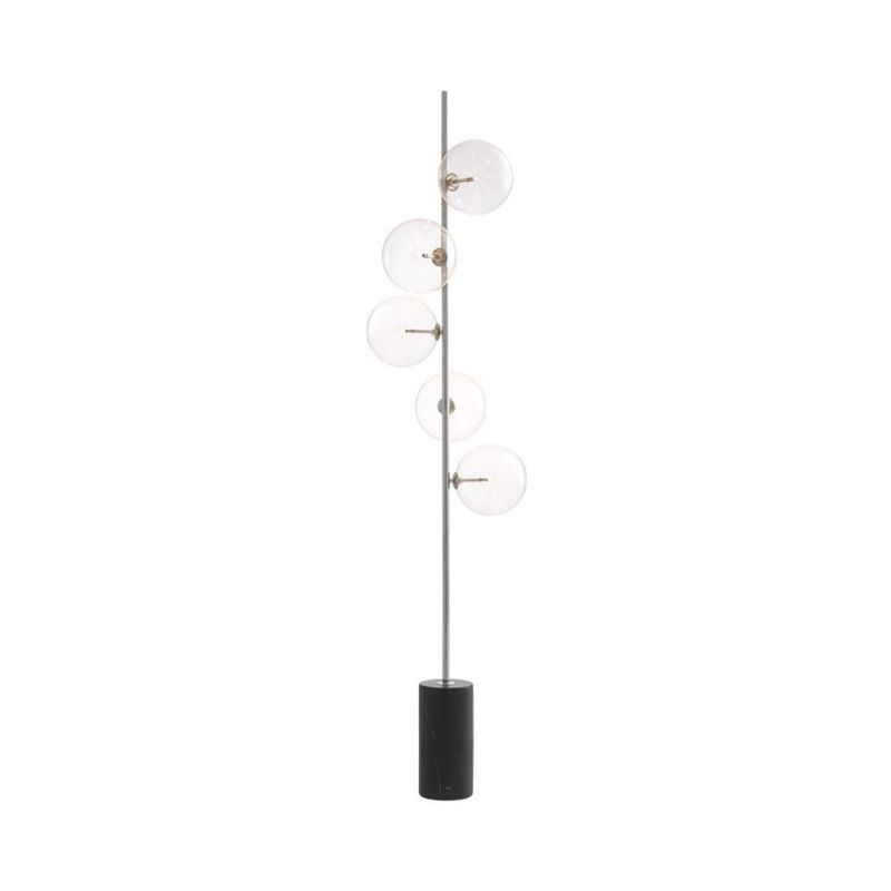 Modern, nickel finish floor lamp with 5 glass lampshade detailing and black marble base