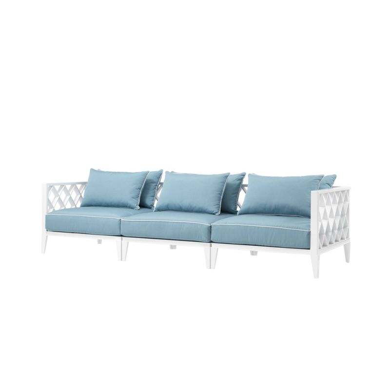 contemporary white outdoor sofa with blue and white cushions 