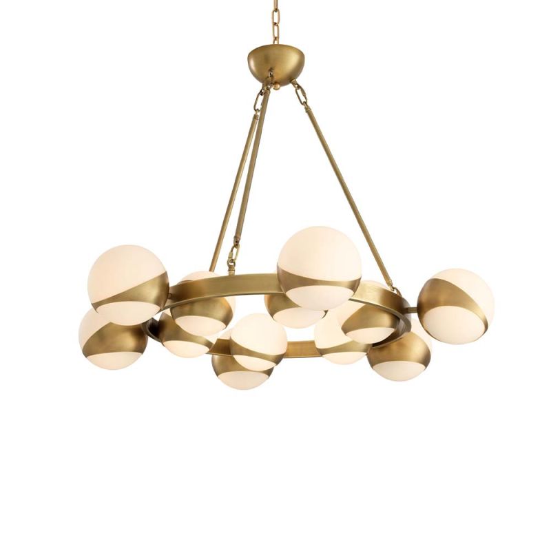 A gorgeous mid-century modern chandelier with white glass and brushed brass elements