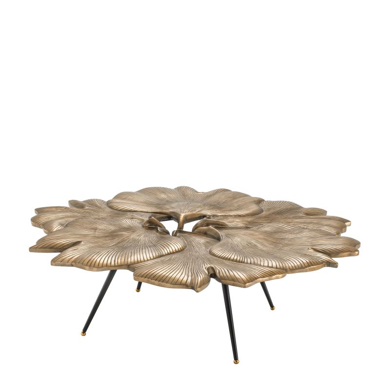 brass finish Ginkgo Biloba leaf coffee table with black tapered legs 