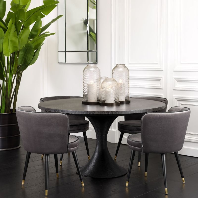 charcoal oak dining table with bronze hourglass base 