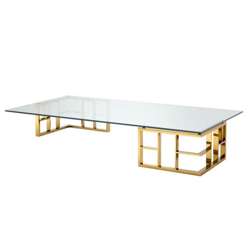 Clear glass rectangular coffee table with gold finish