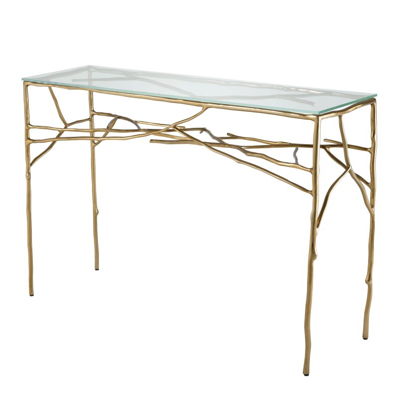clear console tabletop with branch-like frame in gold finish