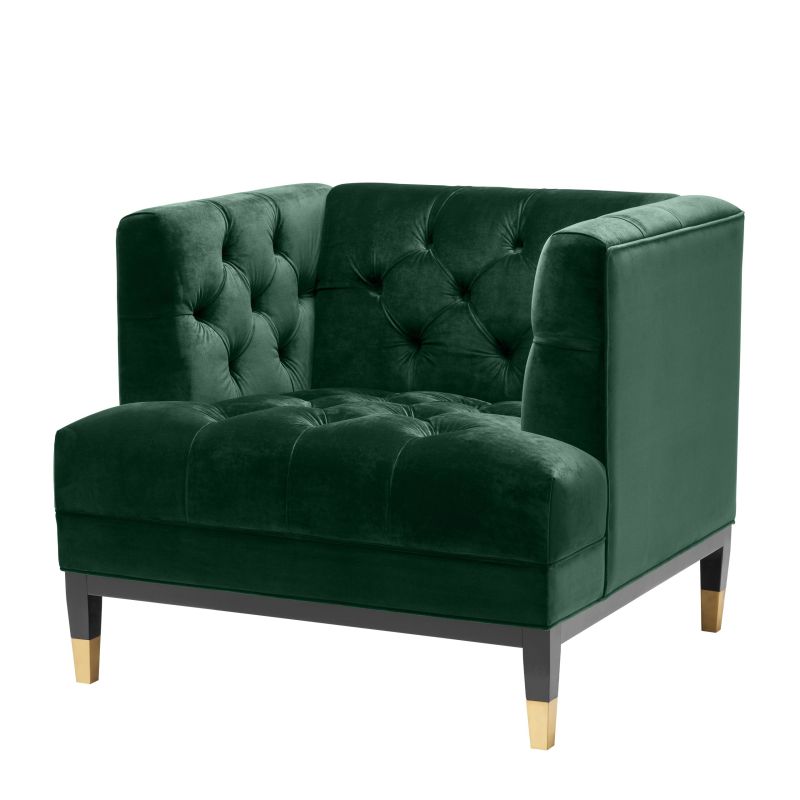 green velvet upholstered deep-buttoned chair with black legs and gold accents 