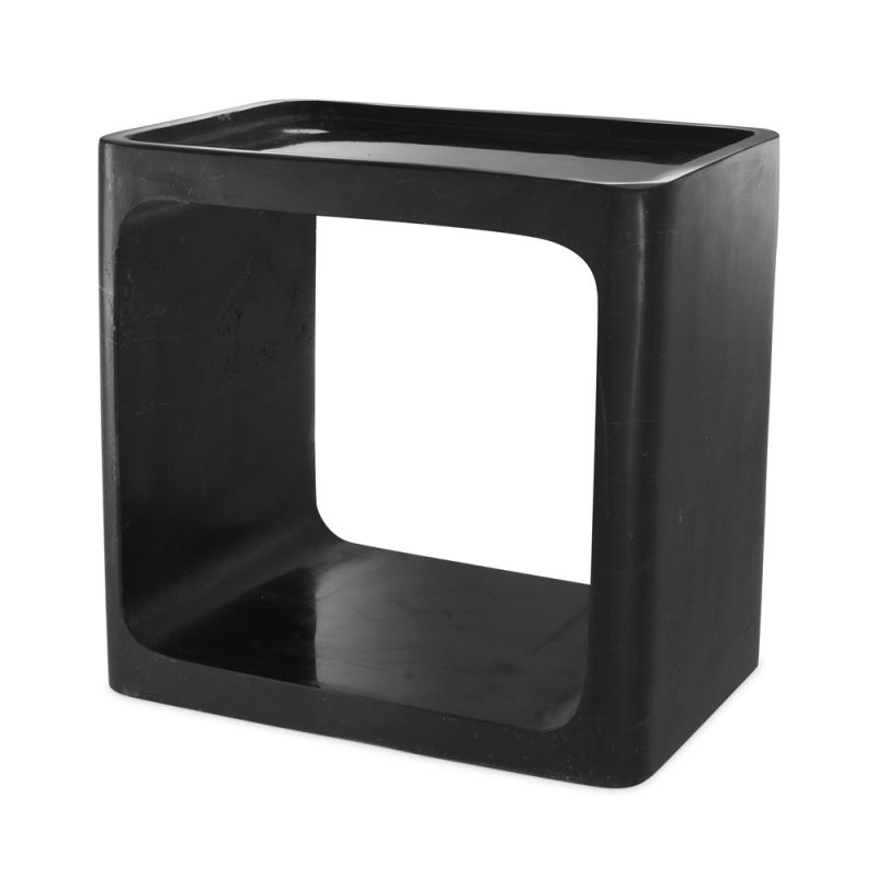 Eichholtz contemporary honed black marble side table with a cut out design