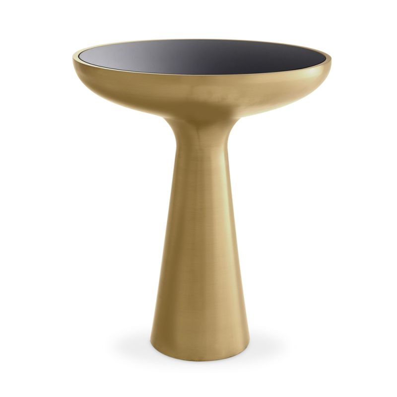 Eichholtz modern brushed brass side table with black glass surface