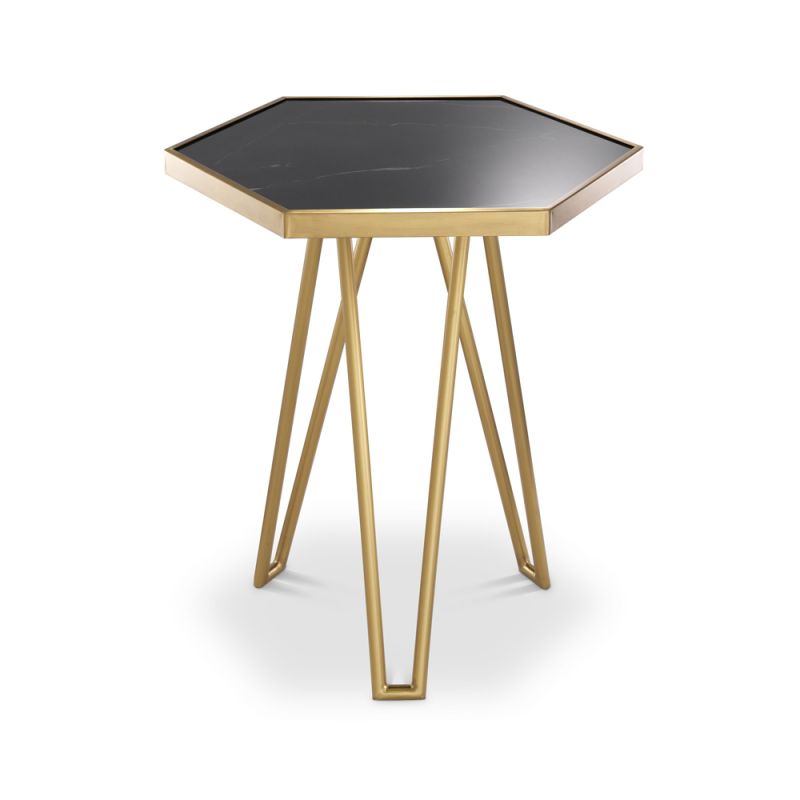 Brushed brass frame side table with hexagonal black marble tabletop