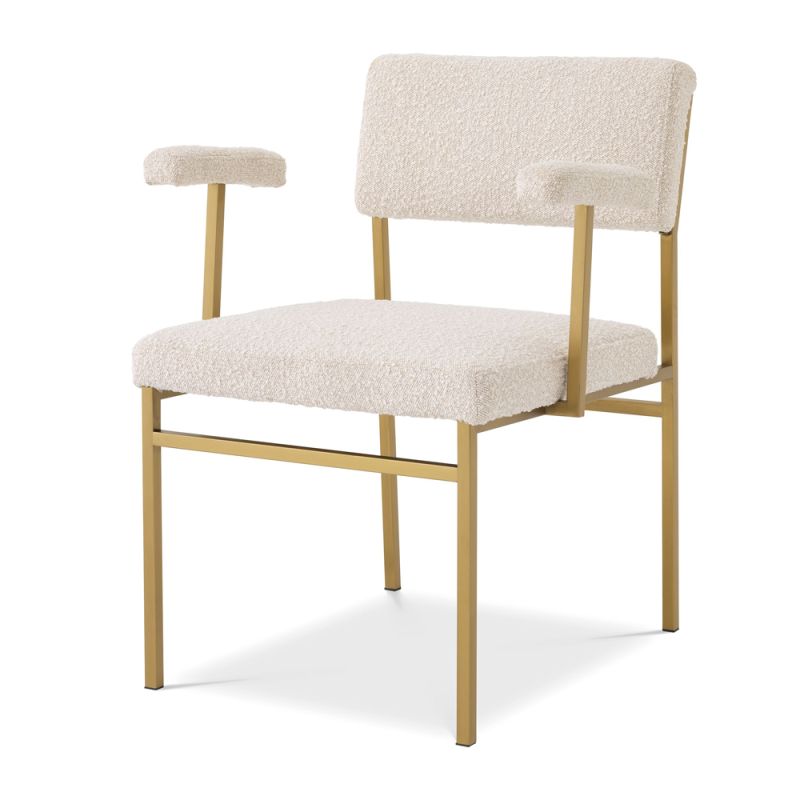 Modern cream boucle upholstered chair with brushed brass finish by Eichholtz