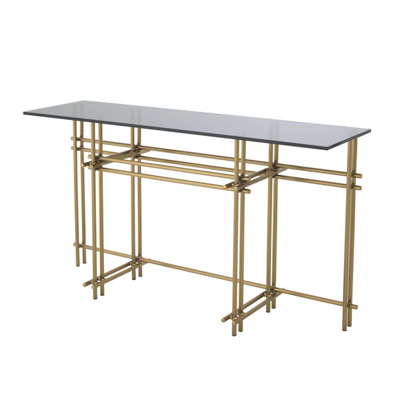Modern Eichholtz brushed brass console table with smoke glass top
