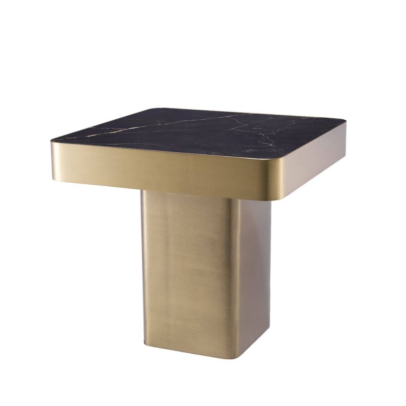 Luxurious Eichholtz brushed brass side table with a chunky solid frame and black marble effect tabletop