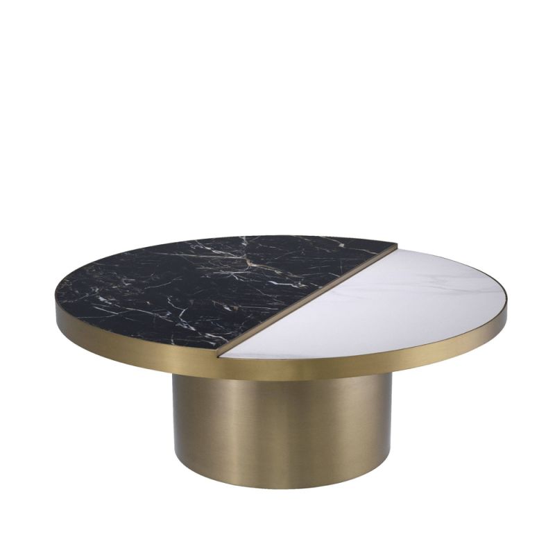 Eichholtz brushed brass coffee table with circular ceramic tabletop