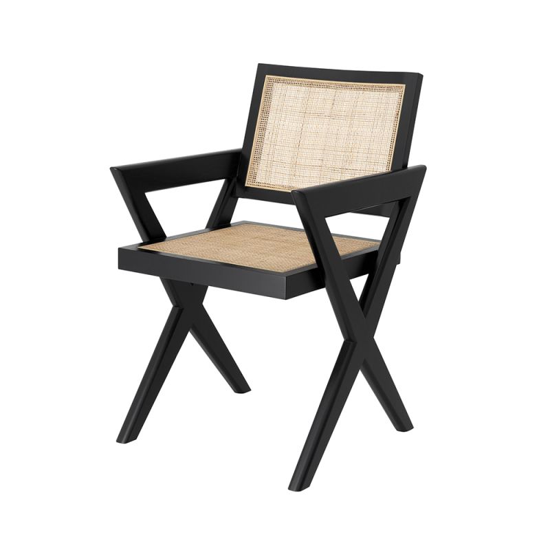 Black finish, rattan seated dining chair with X-shaped legs