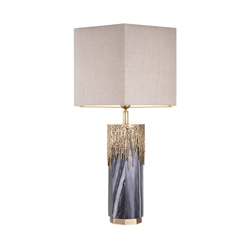 Luxurious Eichholtz grey marble table lamp with vintage brass accents and a linen shade