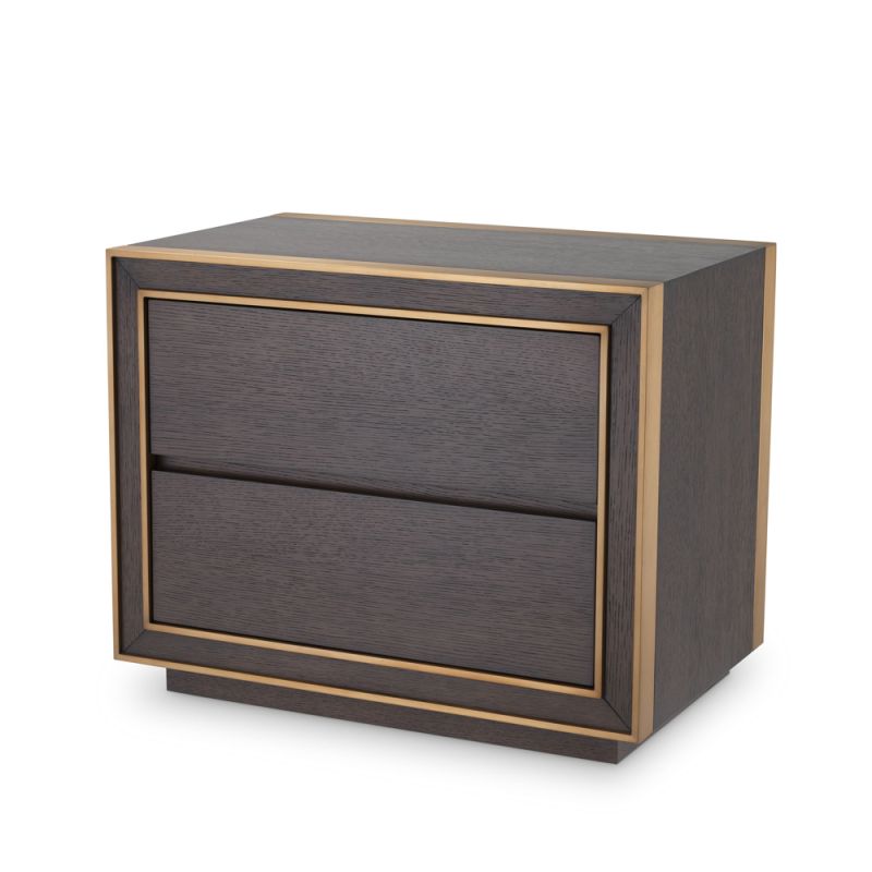 Mocha oak veneer side table with two drawer storage and brass accents