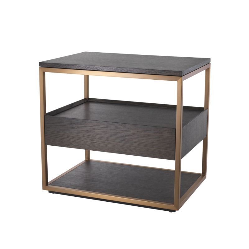 Mocha oak veneer side table with brushed copper frame