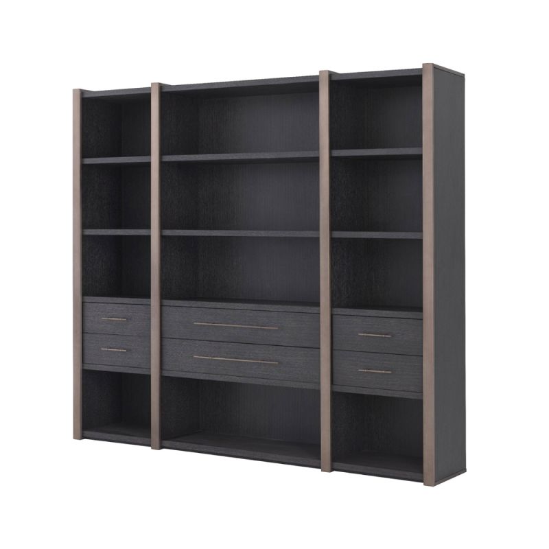 Charcoal grey, large wooden cabinet with 6 drawer storage and shelving unit with bronze detailing