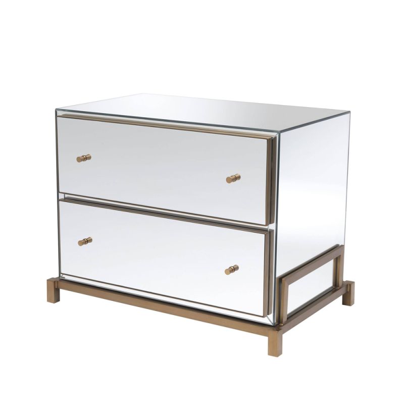 Mirrored glass 2 drawer bedside table with brass finish