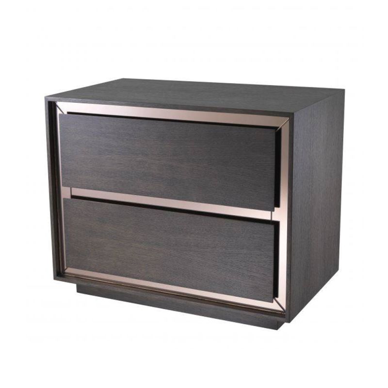 A luxurious modern side table made from mahogany and oak with bronze mirror glass details 