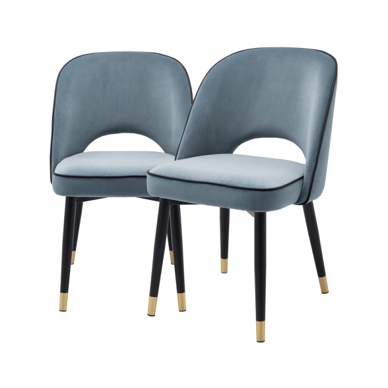 Savona blue velvet set of 2 dining chairs with faux leather piping and golden caps on black legs