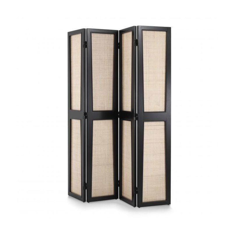 A chic Pierre Jeanneret-inspired folding screen in a bold, black finish