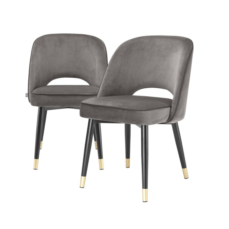 Grey velvet set of 2 dining chairs with black legs and golden capas