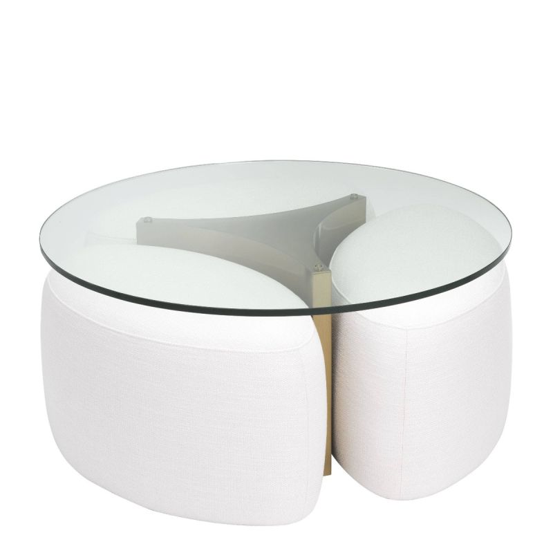 White coffee table with circular glass top and brushed brass frame