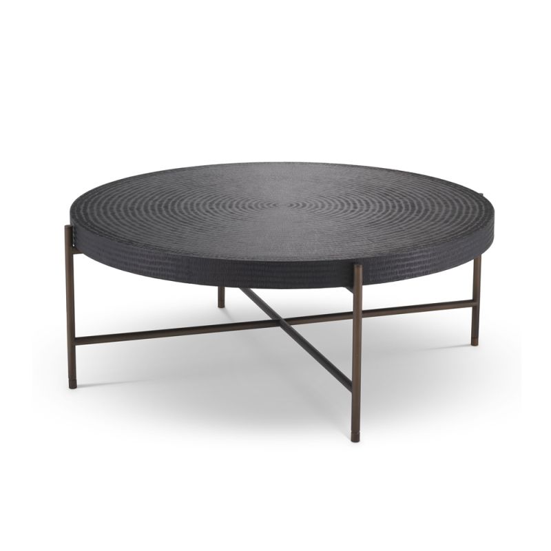 A solid stainless steel and wood coffee table in a gunmetal and bronze finish