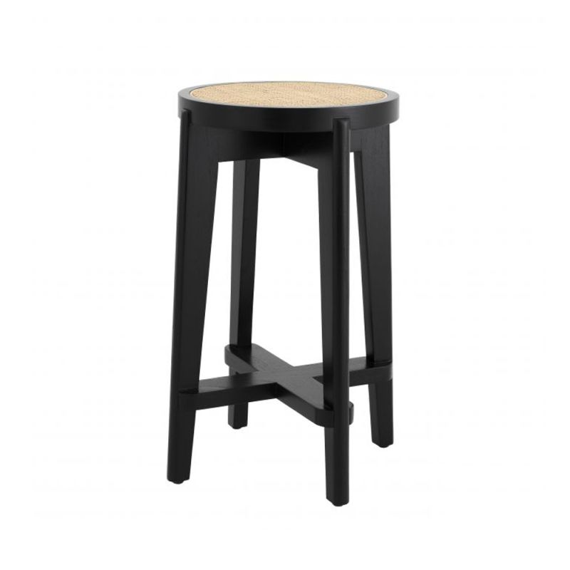 A chic Scandinavian-inspired rattan counter stool with a black finish