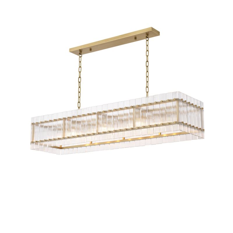 Rectangular, antique brass and clear glass chandelier