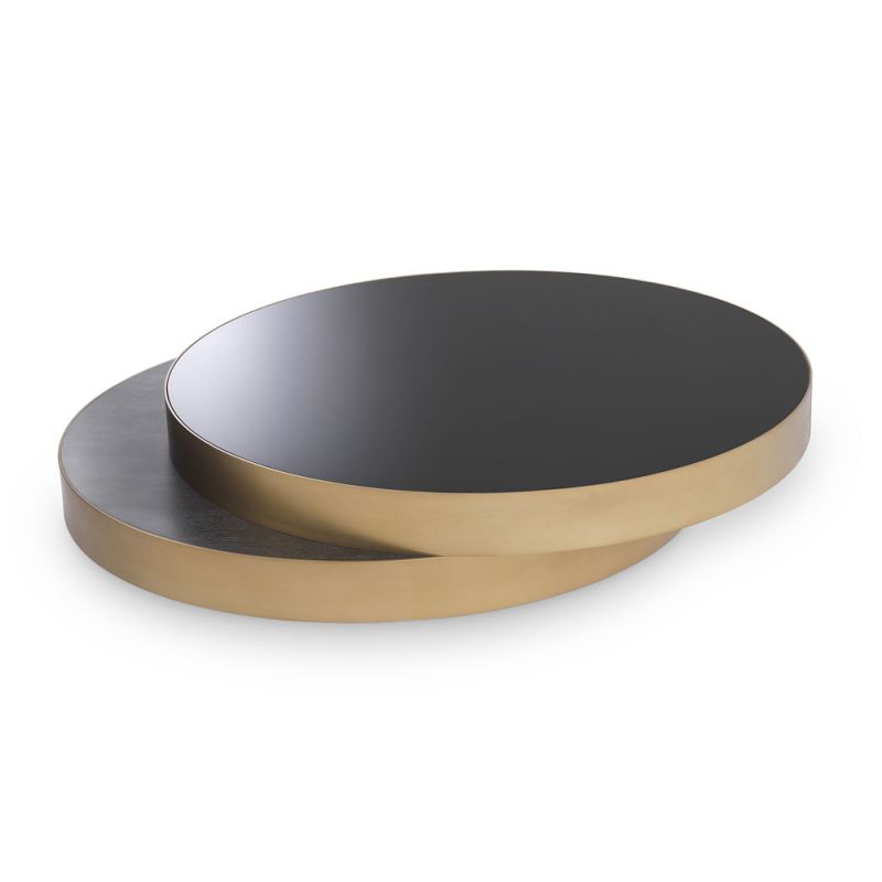 Luxurious modern black glass coffee table with brass accents by Eichholtz