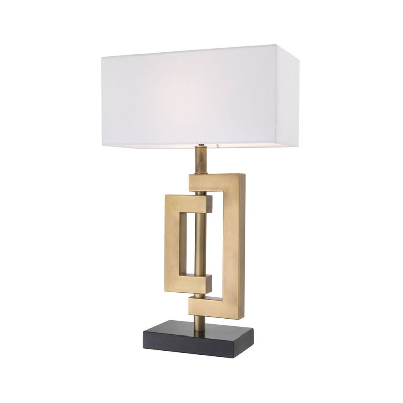Eichholtz geometric style table lamp in an antique brass finish with a white rectangular shade on granite base
