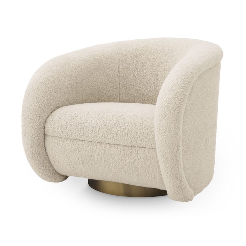 Luxurious curvy natural faux fur swivel chair on brushed brass base by Eichholtz