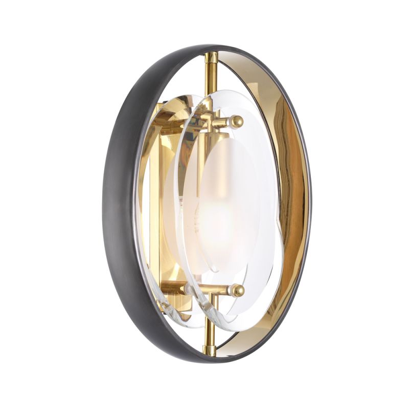 A chic gunmetal, brass and glass wall lamp