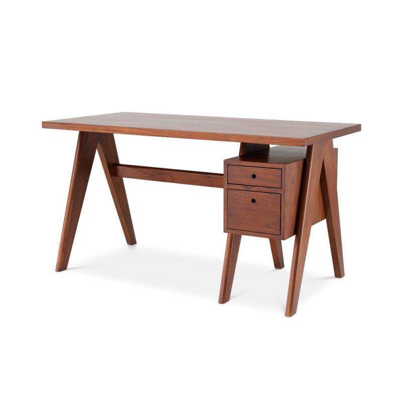 A stylish Danish-style retro desk with drawers in a natural brown finish