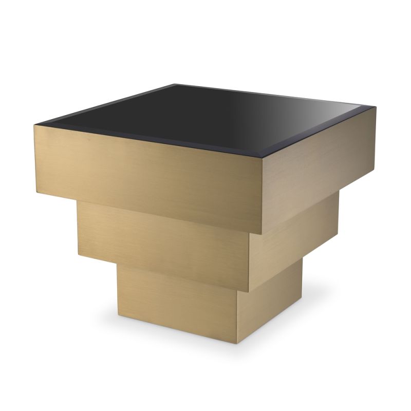 Contemporary luxe brass coffee table with black glass surface by Eichholtz