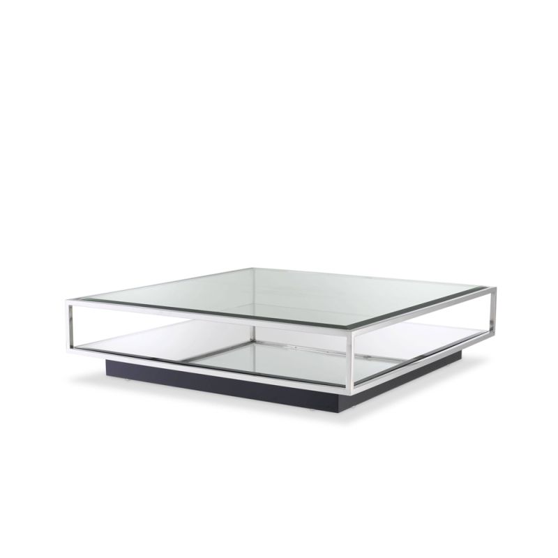 Polished stainless steel square coffee table with mirrored and clear glass 