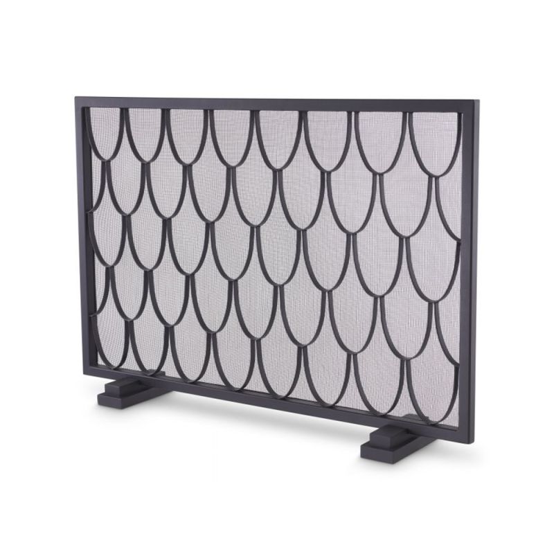 A black fire screen by Eichholtz with a scaled pattern and a close-meshed grille