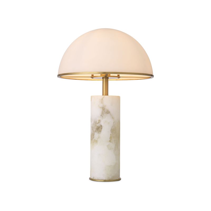 A Mid-Century Modern side lamp by Eichholtz with cylindrical alabaster base, dome-shaped white glass lampshade and antique brass finish 