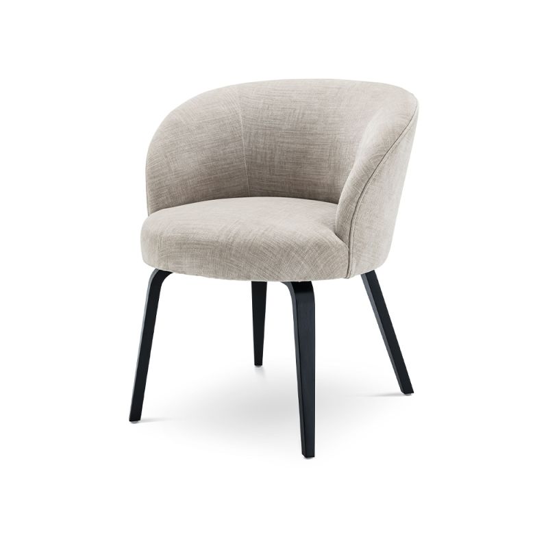 A stylish dining chair by Eichholtz with a beige upholstery, curved back and black tapered legs