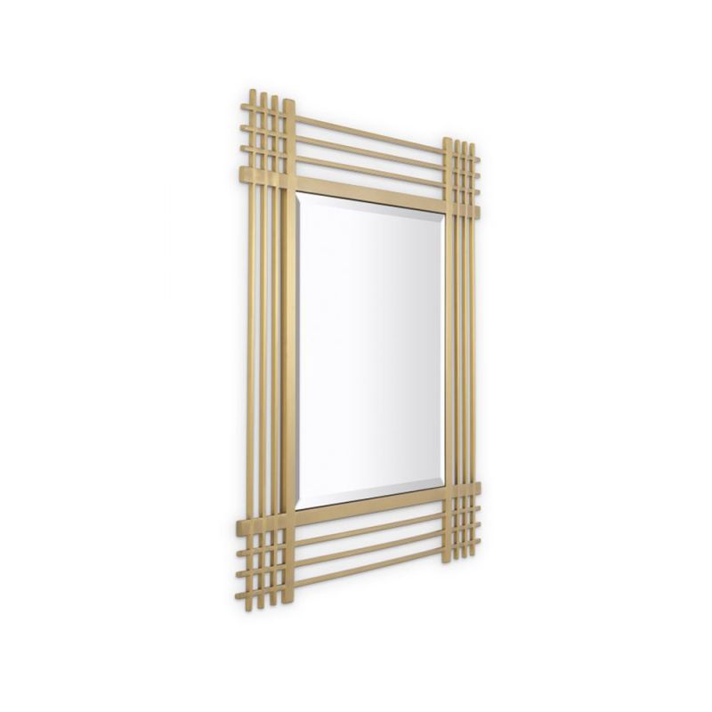 A luxurious, brushed brass bevelled mirror by Eichholtz featuring vertical and horizontal intersecting bars 