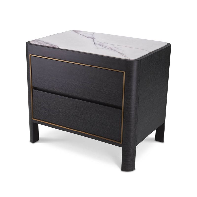 Elegant, modern bedside table with marble top and brass detail around the two drawers