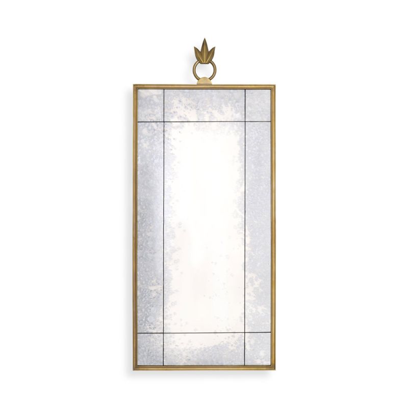 Gorgeous, antiqued wall mirror with ornamental top and brass frame