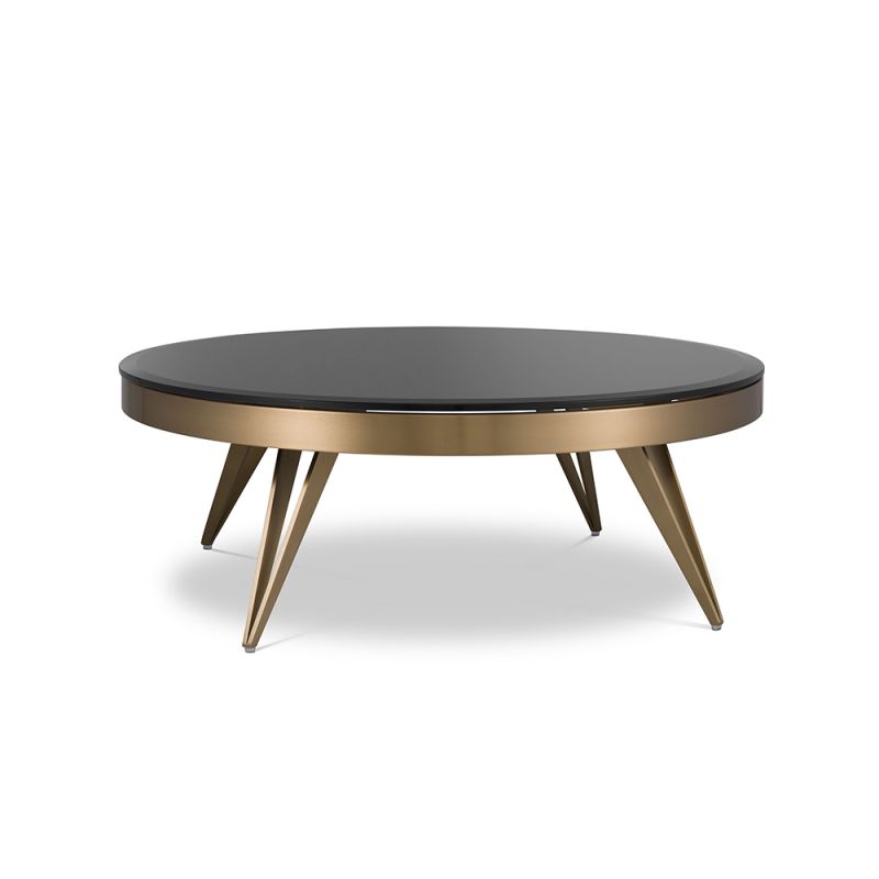 A luxury coffee table by Eichholtz with a bevelled black glass top and brushed brass finish 