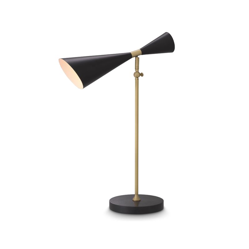 A stylish desk lamp by Eichholtz with an antique brass finish and honed black marble details